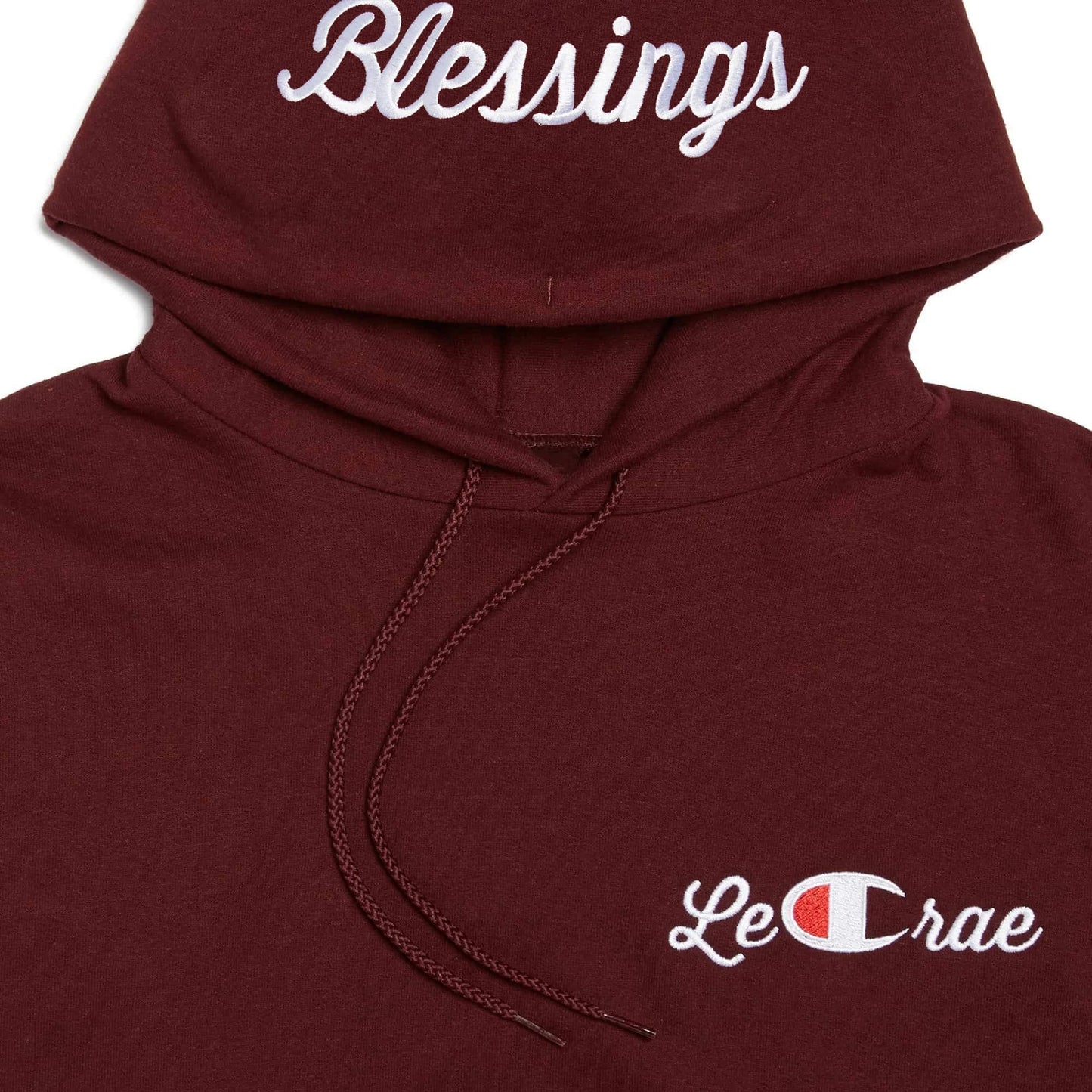 Blessings champion maroon hoodie front up close Lecrae